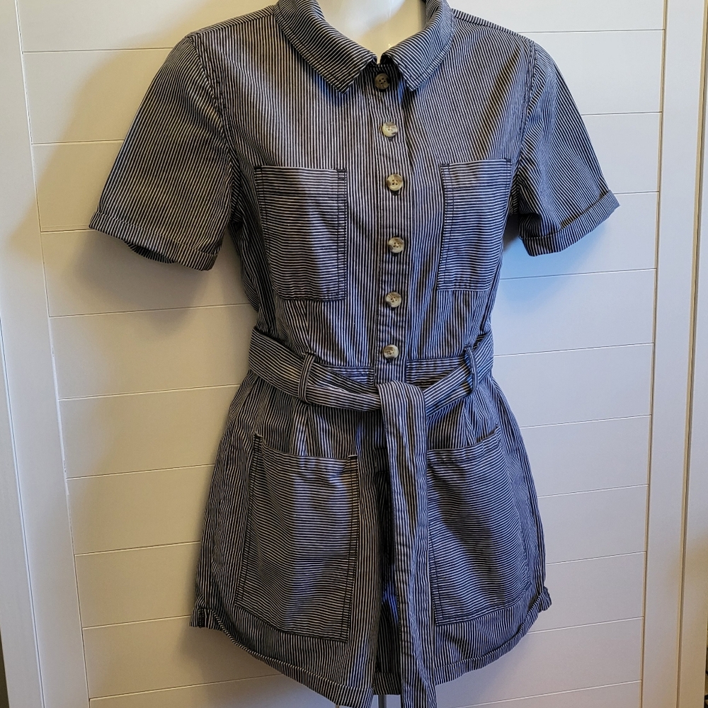 Urban Outfitters Womens Romper Small Blue White Cotton Stripe Belted Shorts
